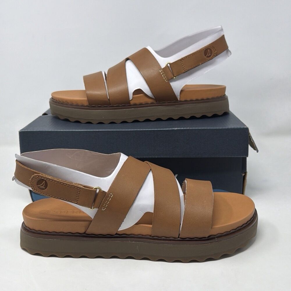 Sperry Womens Sandals Size 11 Tan Brown Leather Platform Slingback STS89166